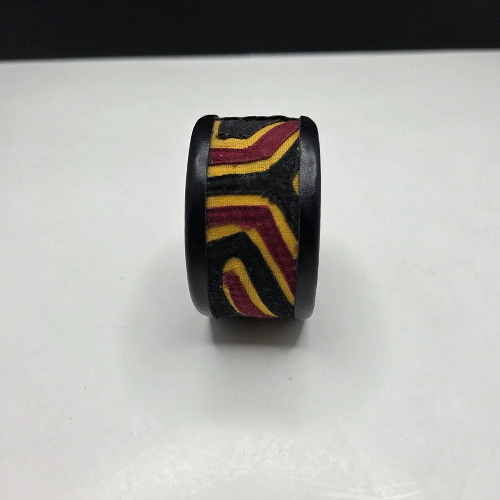 Leather Cuff Bracelet Geometric Fabric Inlay OS Black Red Yellow Boho